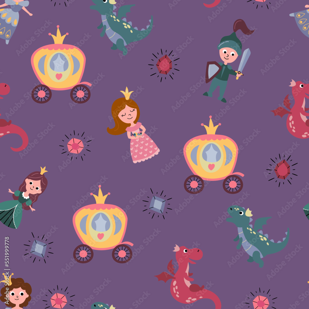 Seamless pattern with princess, prince, coach and dragon. Design for fabric, textile, wallpaper, packaging.