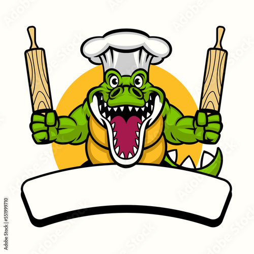 Crocodile Food Cooking Mascot logo hold the rolling pin