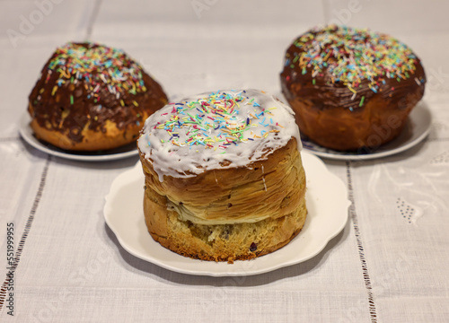 Traditional Ukrainian Easter Cake Kulich or Orthodox Christian Easter Bread.