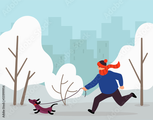 Walk Your Dog Month. The male is walking her dog. Flat style. Vector illustration.	