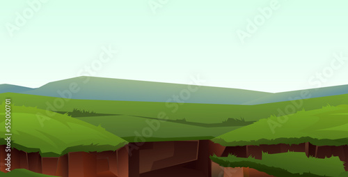 Break into abyss. Empty fog horizon. Crack in ground. Soil burst into grass meadow. Cartoon style illustration. Vector.