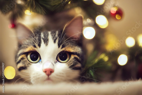 In a Christmas tree, a cute little cat is hidden among the colorful decorations. Sharing and love for animals at Christmas: an adorable and warm scene.