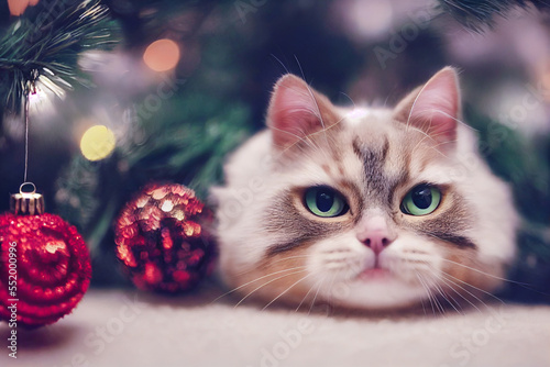 Cute kitten hiding among the colorful decorations of a Christmas tree. Represents love and sharing during the holidays by creating an adorable and warm scene.
