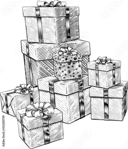 Christmas gifts or birthday presents in boxes in a pile or stack. Wrapped in wrapping paper with ribbon bows in a hand drawn vintage woodcut illustration etching style.