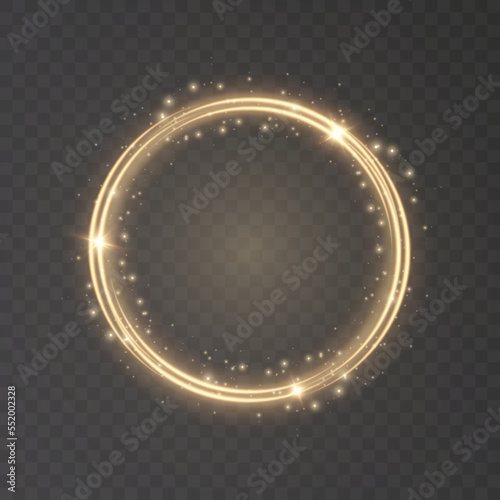 Luminous ring with yellow illumination. Round gold frame with glitter, element for advertising and design. Vector illustration.	