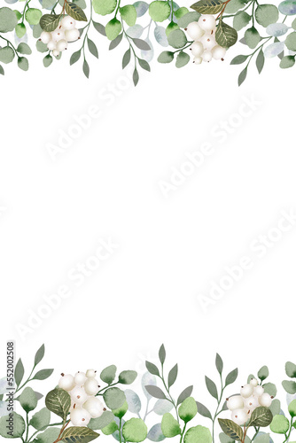 Watercolor winter greenery wedding template. Floral border with pastel green and grey leaves.