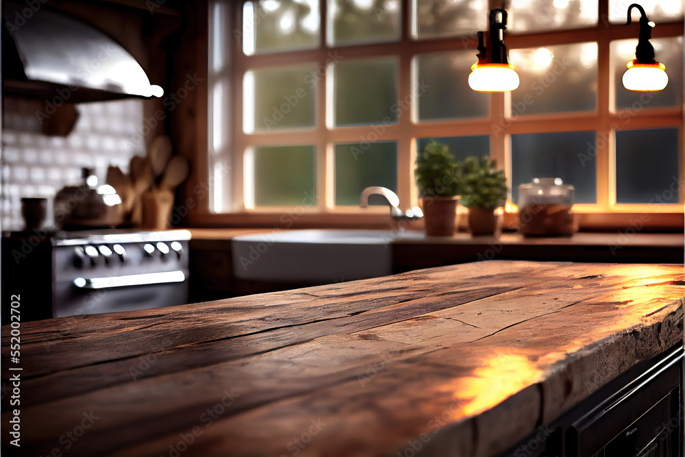 kintchen background with empty wooden table for product display, blurred background, bokeh lights, copy space kintchen background with empty wooden table for product display, blurred background, bokeh lights, copy space