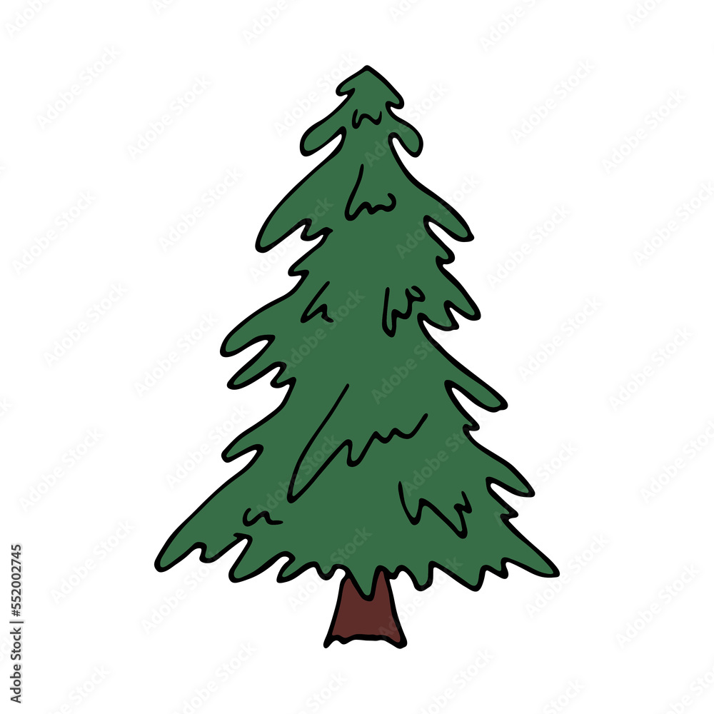 Fototapeta premium Christmas tree hand drawn clipart. Spruce doodle. Single element for card, print, web, design, decor