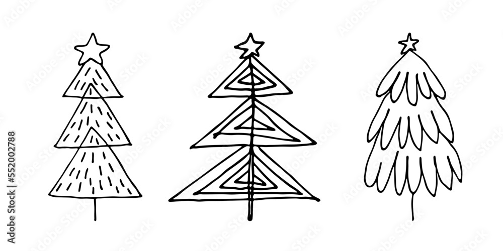 Christmas tree hand drawn clipart. Spruce doodle set. Single element for card, print, design, decor