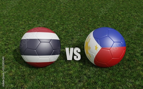 Footballs in flags colors on soccer field. Thailand with Philippines. 3d rendering