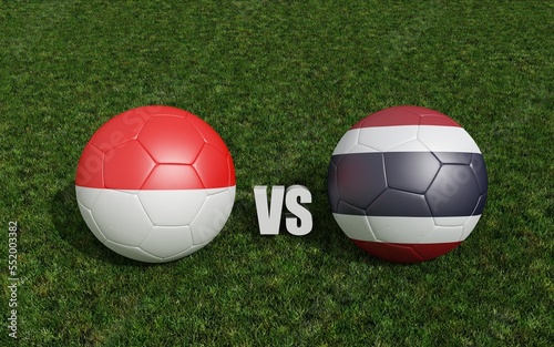 Footballs in flags colors on soccer field. Indonesiawith Thailand. 3d rendering
