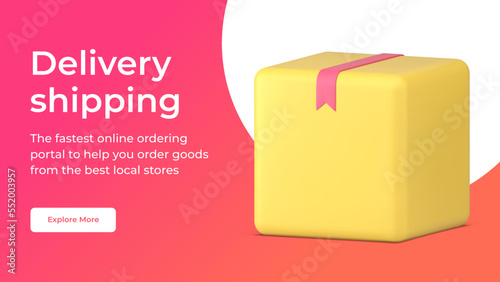 Postal parcel delivery shipping service cargo commercial transportation social media post 3d icon vector illustration. Online courier shipment marketplace freight commerce logistic distribution