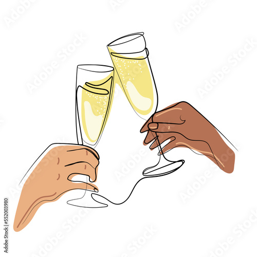 One line champagne glasses clink.Two hands cheering with glasses of wine vector illustration.Cheers,hand holding holiday drinks, continuous line drawing. Minimalist linear concept of celebrate