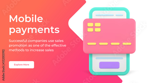 Mobile phone payments credit card contactless transaction banking application social media banner 3d icon vector illustration. Internet bank financial account control shopping order purchase transfer