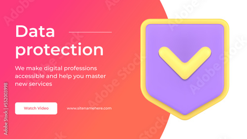 Cyberspace data protection internet safety account verified shield done checkmark social media banner 3d icon vector illustration. Online secure digital network connection password access verification