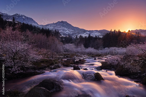 beautiful spring landscape with river and blossoming trees