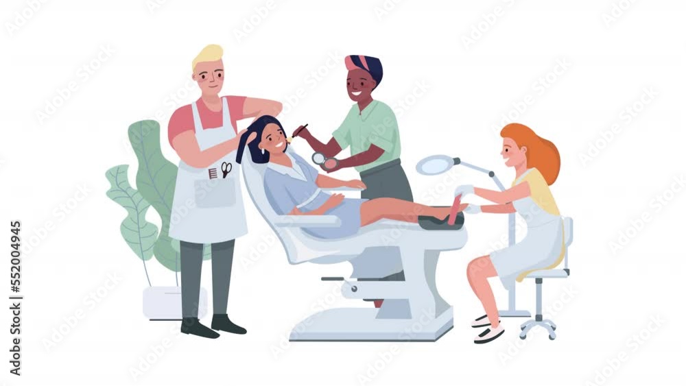 Animated beauty salon characters. Complex of cosmetological procedures. Full body flat people on white background with alpha channel transparency. Colorful cartoon style HD video footage for animation