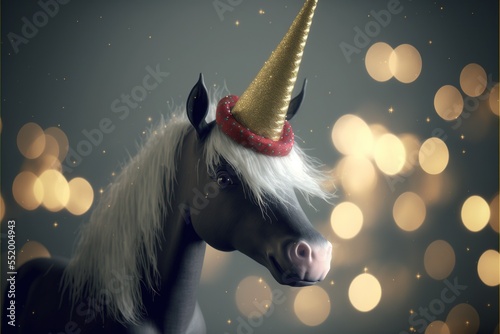 unicorn with hristmas hat on , created with generative AI technology photo