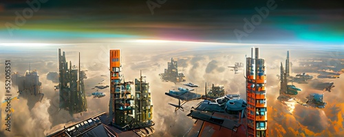 Sci-Fi concept art illustration of a cityscape with skyscrapers, towers and tall buildings. Great as a background or for your art projects.