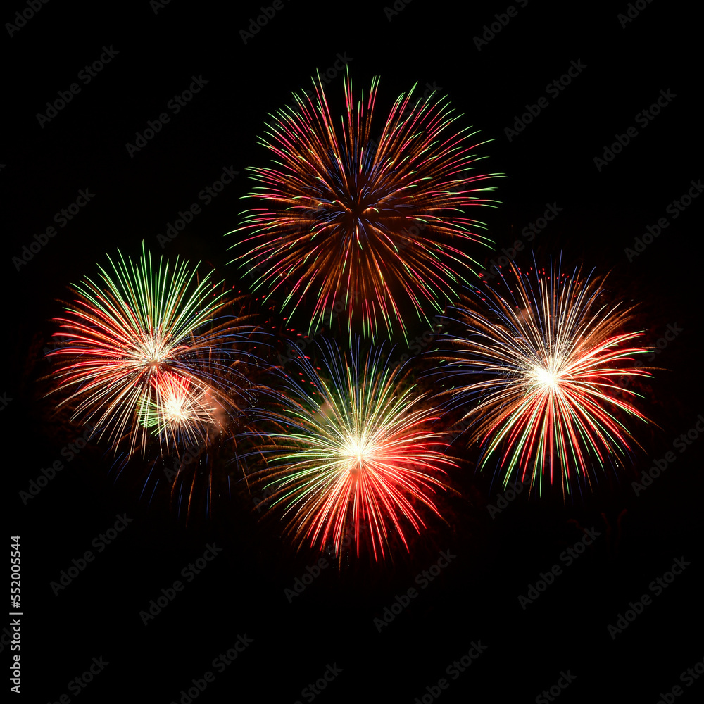 Isolated on black sky background. Isolated firework ready to use for decoration in any photograph ,poster, backdrop to celebrate the festival, Christmas,  New year and any events.
