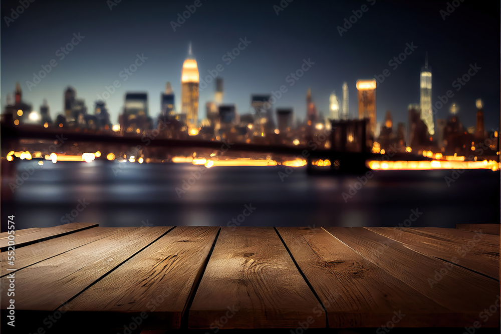 Night xity skyline background with empty wooden table for product display, blurred background, bokeh lights,  copy space