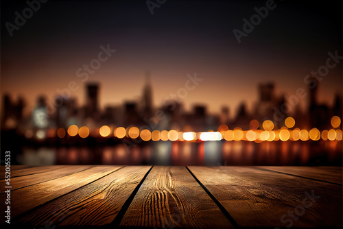 Night xity skyline background with empty wooden table for product display, blurred background, bokeh lights,  copy space