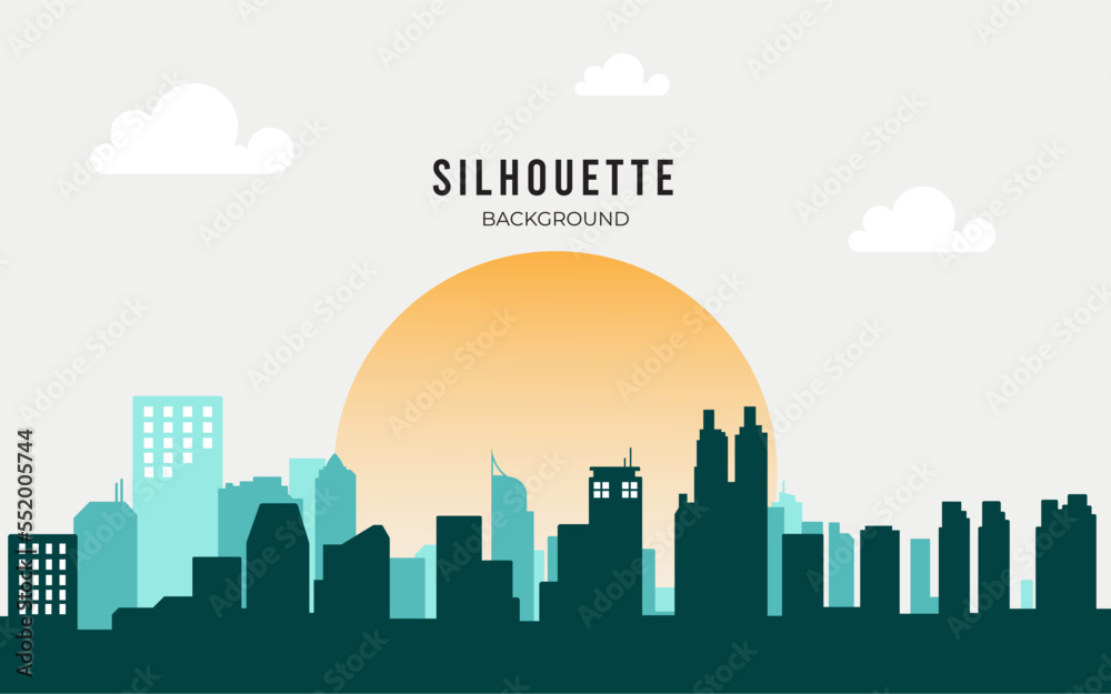 SILHOUETTE BACKGROUND, CITYSCAPE WHIT SUN ON THE BACK