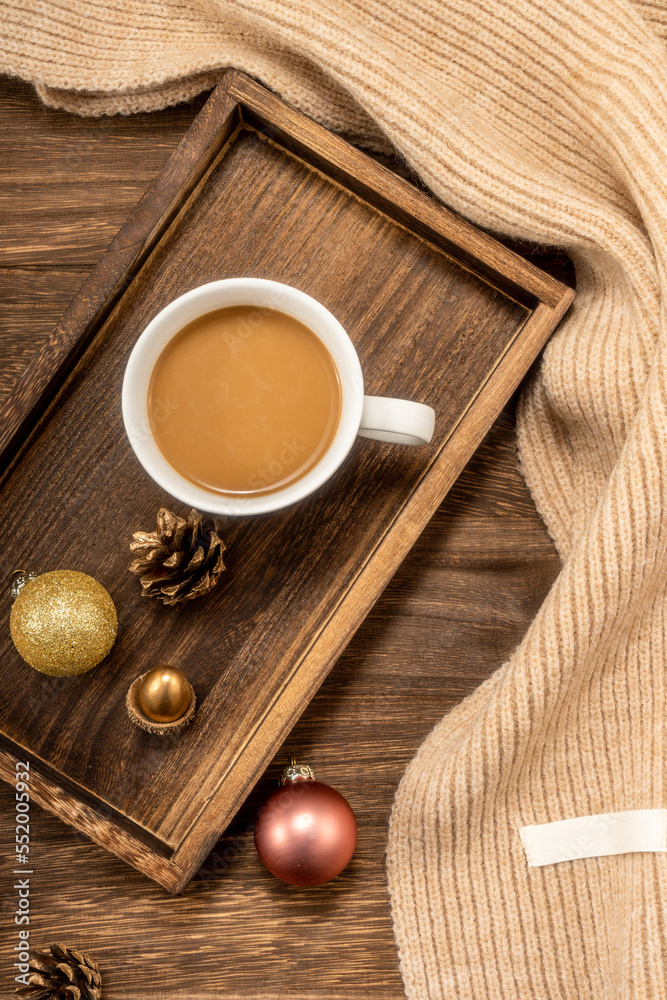 Christmas decorations and coffee on wooden background. christmas concept. Christmas decorations and coffee on wooden background. christmas concept.