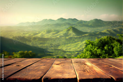 summer sunny background with empty wooden table for product display, green valley blurred background, copy space