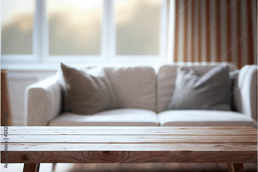 Fototapeta premium cozy scandinavian living room background with empty wooden table for product display, bokeh lights, modern furniture, copy space