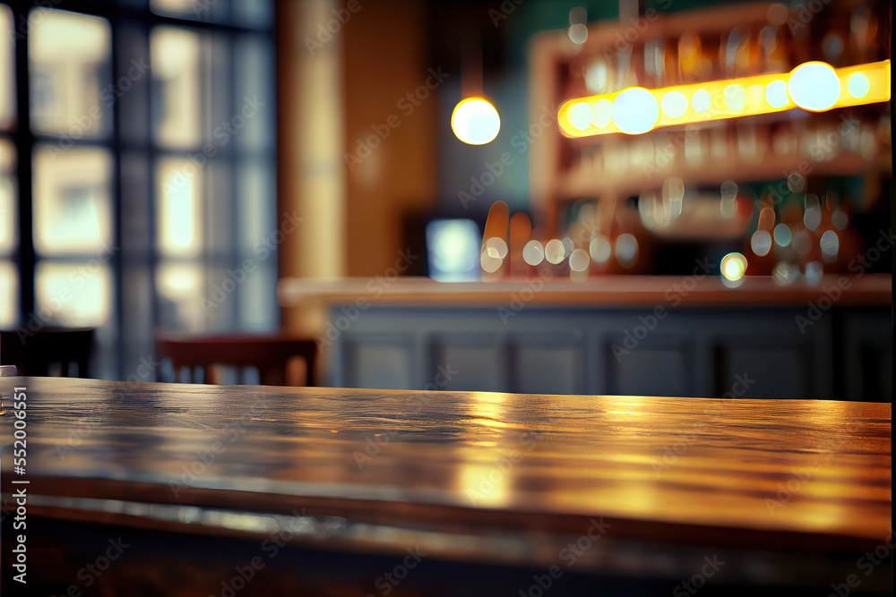 pub background with empty wooden table for product display, indoor blurred background, bokeh lights, copy space