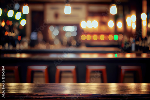 pub background with empty wooden table for product display, indoor blurred background, bokeh lights, copy space
