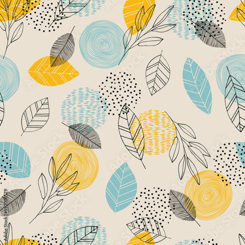 Scandinavian hand drawn seamless pattern with leaves and dots. Minimalistic nordic style. Vector illustration. Cute botanical elements. Great for textile, decor and printed products.