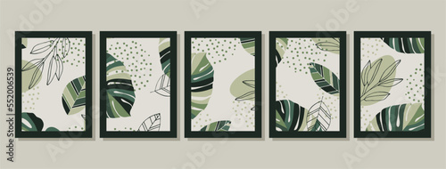 Set of abstract foliage wall art vector. Green wall decoration collection design for interior, poster, cover, banner.