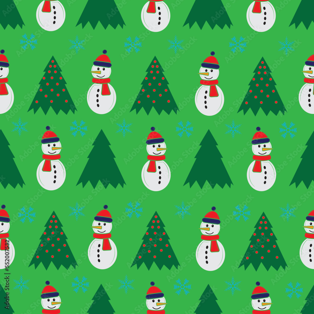 Cute snowman seamless pattern. Cute cartoon character. Snowman, yolka and falling snow. Green background. Vector illustration. Cute snowman seamless pattern. Cute cartoon character. Snowman, yolka and falling snow. Green background. Vector illustration.