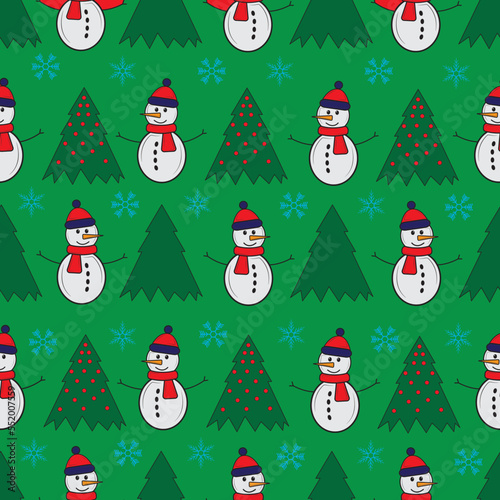 Cute snowman seamless pattern. Cute cartoon character. Snowman  yolka and falling snow. Green background. Vector illustration.