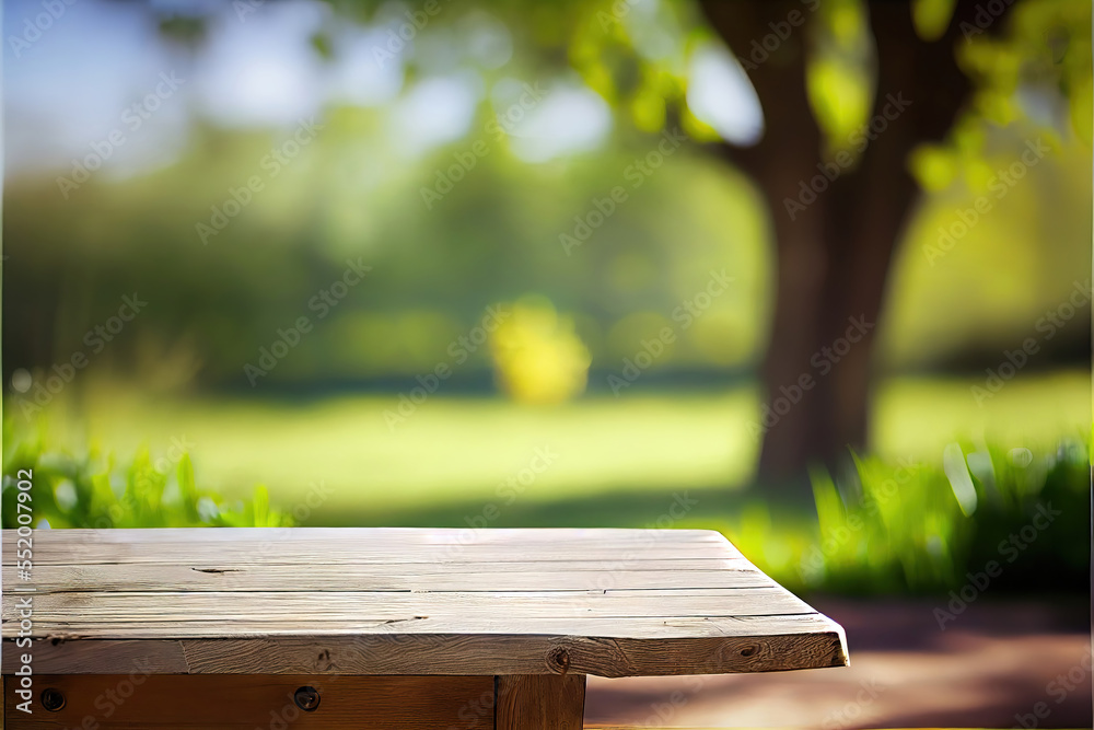 beautiful spring green meadow background with empty wooden table for product display, nature blurred background, copy space - obrazy, fototapety, plakaty 
