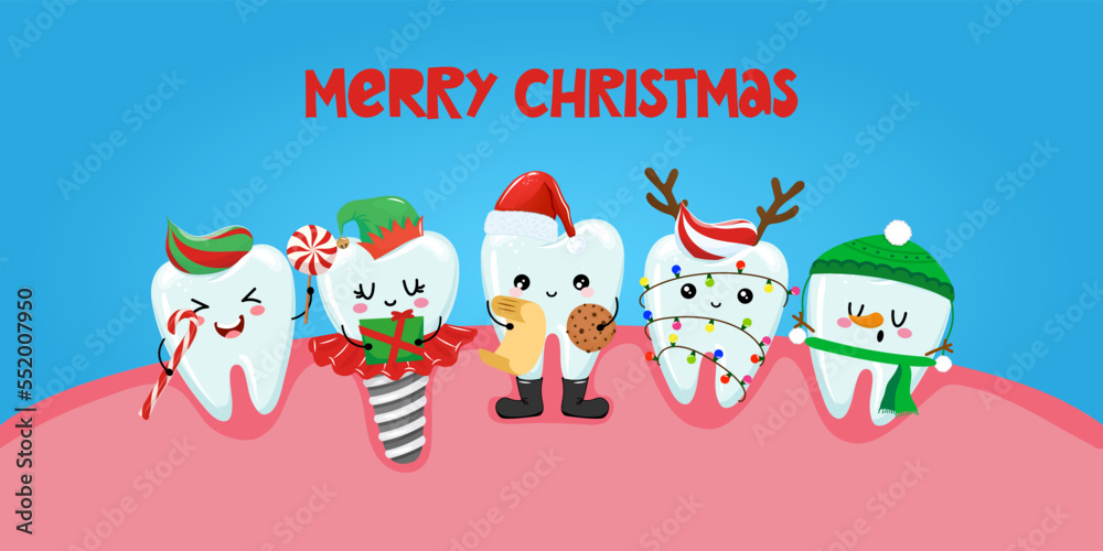 Merry Christmas - Tooth team characters in kawaii style. Hand drawn teeth with funny clothes. Good for school prevention poster, greeting card, banner, textile. Merry Christmas - Tooth team characters in kawaii style. Hand drawn teeth with funny clothes. Good for school prevention poster, greeting card, banner, textile.
