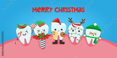 Merry Christmas - Tooth team characters in kawaii style. Hand drawn teeth with funny clothes. Good for school prevention poster, greeting card, banner, textile.