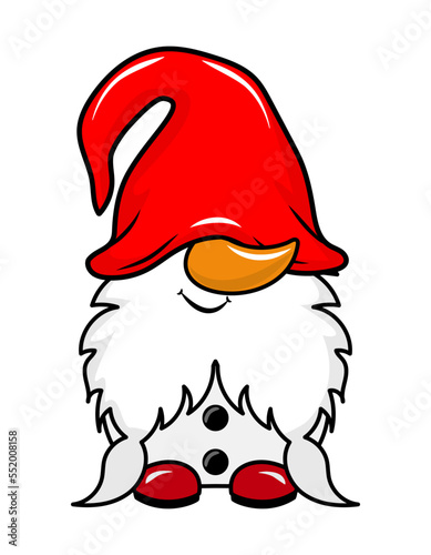Adorable Christmas gnome in snowman costume - gnome with Santa hat. Nordic magic dwarf. Cute holidays Elf with hat. Vector illustration for Winter holidays and happy new year.