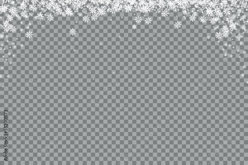 Christmas pattern Snowflake border. Transparent background with snowflakes. Chaotic flying snow. Vector illustration
