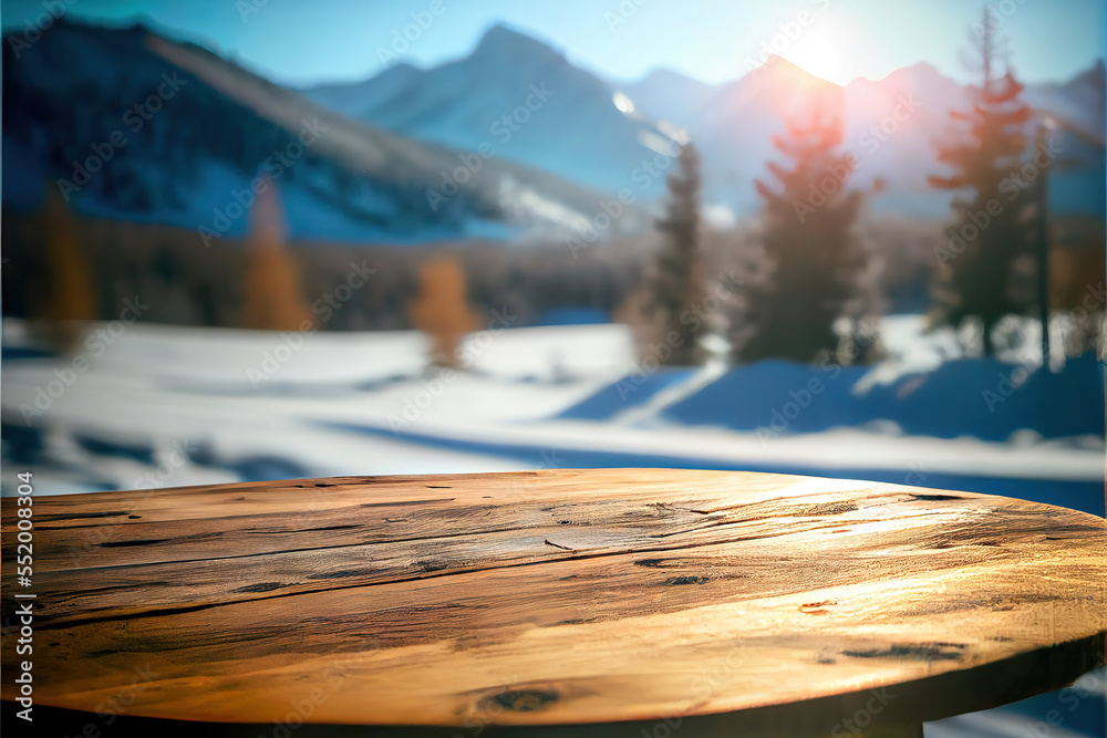 Outdoor winter background with empty wooden table for product display, blurred winter landscape