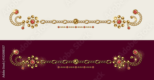 Vintage jewelry border line, divider made of gold ball beads, red rhinestones, gems, gold chains on white and deep red background. Vector design element