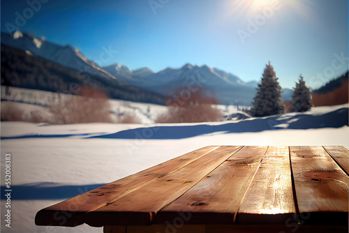 Outdoor winter background with empty wooden table for product display  blurred winter landscape background  copy space