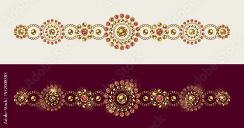 Baroque border motif like bracelet. Ornament made made of gold jewelry chains, ruby gems, rhinestones, ball beads in vintage style. Vector illustration on white, red background.