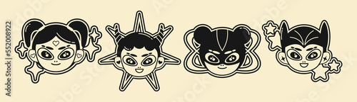 Future retro cartoon character in Y2K style. Cyber girls with stars for 90s design. Collection of vector funky  objects