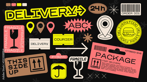 Collection of various patches, labels, tags, stickers, stamps, shipping, delivery, packaging. Funky hipster stickers in 90s style. Vector set, trendy promo labels