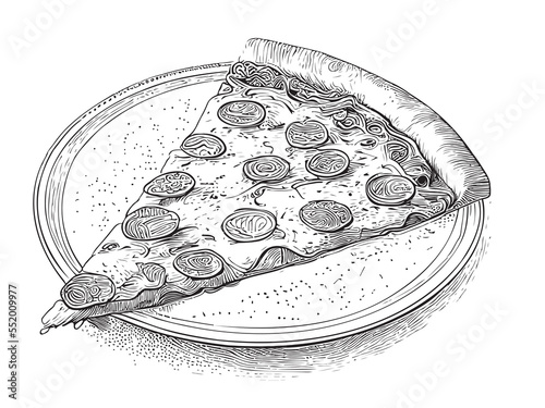 Pepperoni pizza slice with sausage on plate hand drawn sketch food Restaurant business concept.