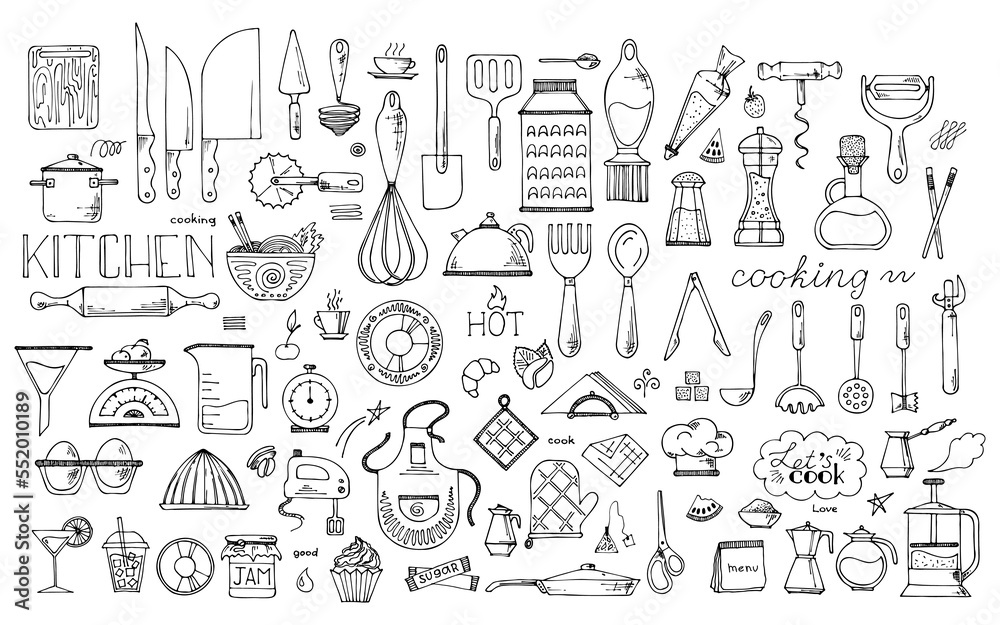 Kitchen Tools and Ingredients Set. Stock Vector - Illustration of