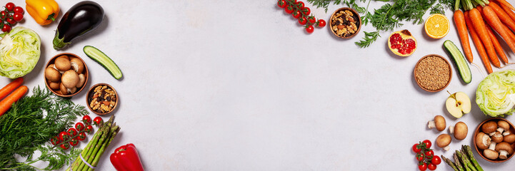 Food banner background with vegan products, vegan food on table, top view , veganuary concept